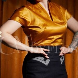 Miss candyfloss 50s Boglarka Satin top in Mustard 2x